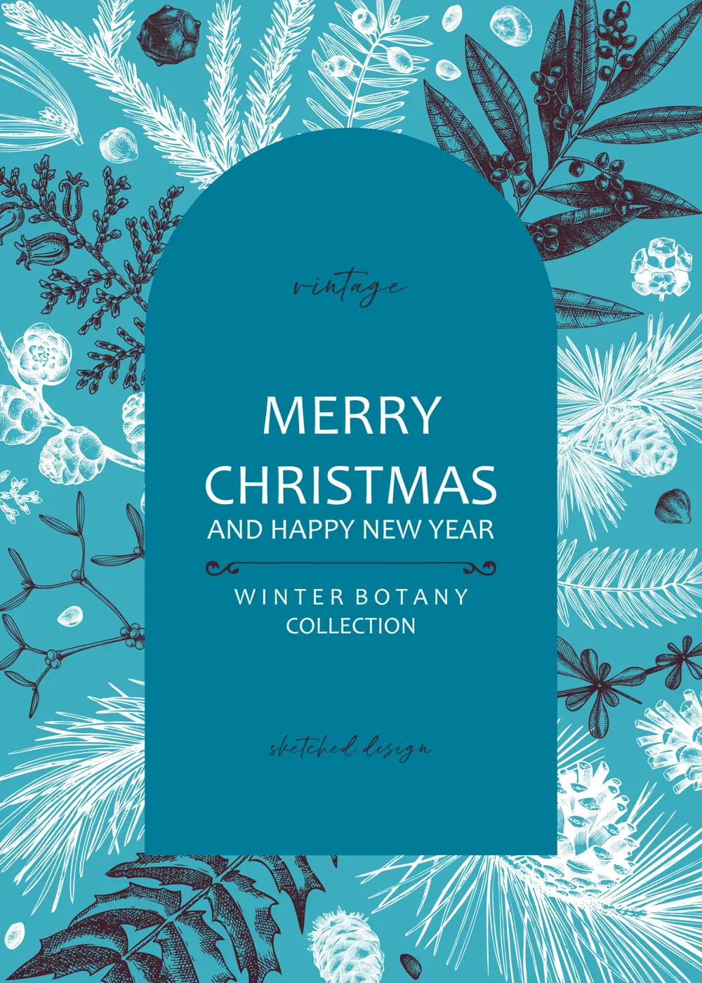 Merry Christmas card. Collage-style banner with evergreen plants, conifers, and nuts drawing. Winter design with hand-drawn botanical illustrations. Trendy Christmas background, New Year card template Illustration